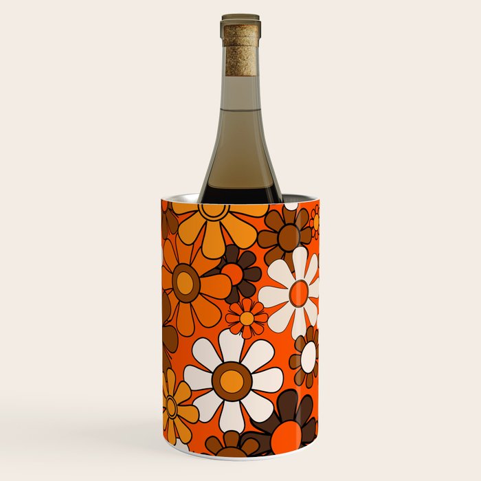 Retro 70s Floral Pattern Groovy Garden Flowers in Orange and Brown Wine Chiller Gallery Image 2
