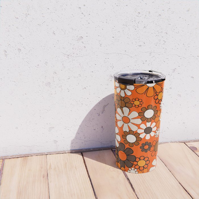 Retro 70s Floral Pattern Groovy Garden Flowers in Orange and Brown Travel Mug Gallery Image 4
