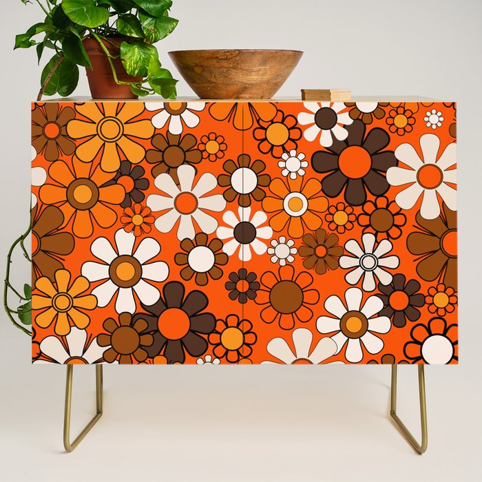 Retro 70s Floral Pattern Groovy Garden Flowers in Orange and Brown Credenza Gallery Image 1
