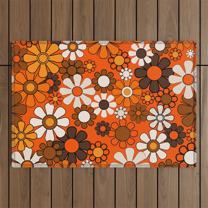 Retro 70s Floral Pattern Groovy Garden Flowers in Orange and Brown Outdoor Rug Gallery Image 1