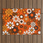 Retro 70s Floral Pattern Groovy Garden Flowers in Orange and Brown Outdoor Rug Gallery Image 1