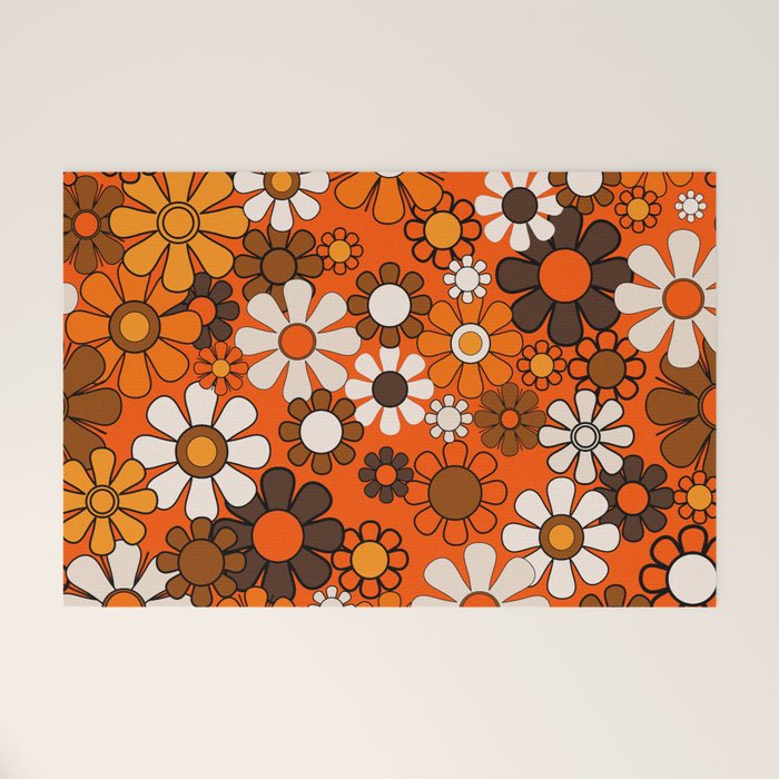 Retro 70s Floral Pattern Groovy Garden Flowers in Orange and Brown Welcome Mat Gallery Image 1