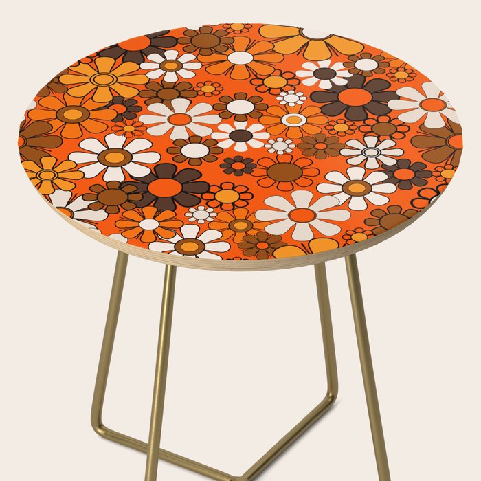 Retro 70s Floral Pattern Groovy Garden Flowers in Orange and Brown Side Table Gallery Image 2