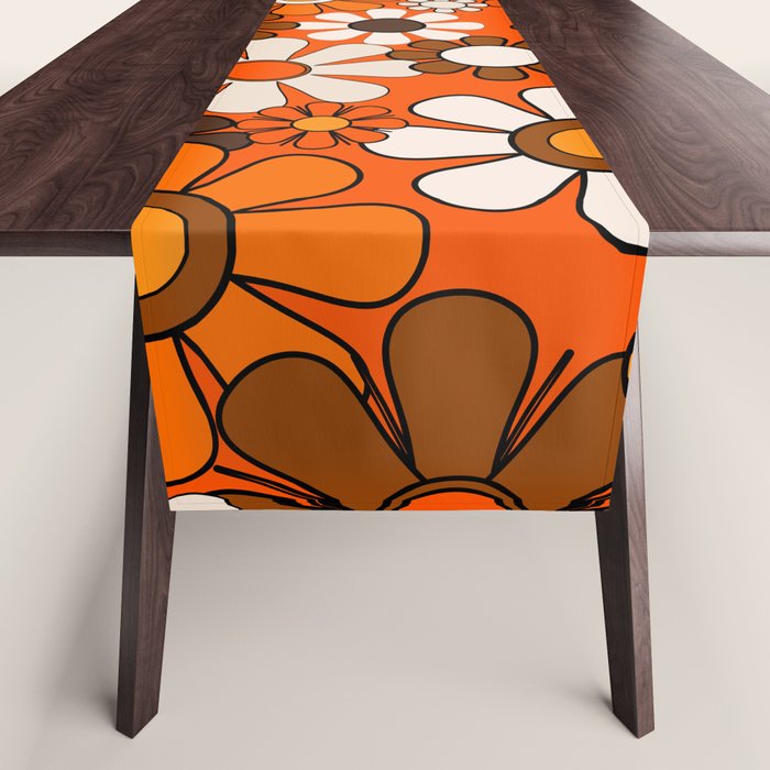 Retro 70s Floral Pattern Groovy Garden Flowers in Orange and Brown Table Runner Gallery Image 1