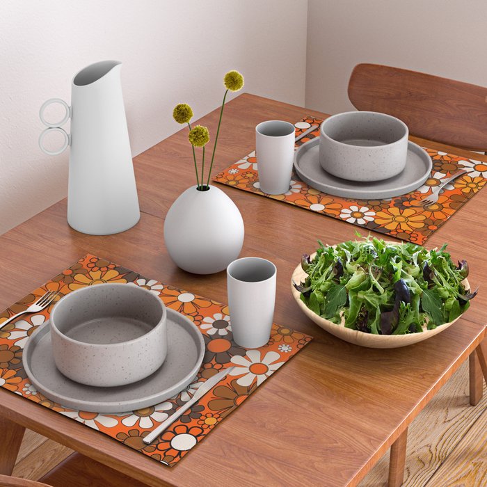 Retro 70s Floral Pattern Groovy Garden Flowers in Orange and Brown Placemat Gallery Image 2