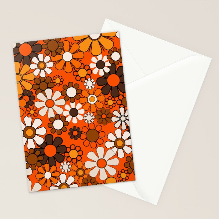 Retro 70s Floral Pattern Groovy Garden Flowers in Orange and Brown Stationery Card Gallery Image 2