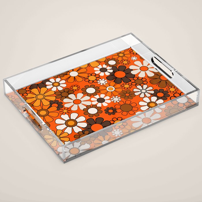 Retro 70s Floral Pattern Groovy Garden Flowers in Orange and Brown Acrylic Tray Gallery Image 1