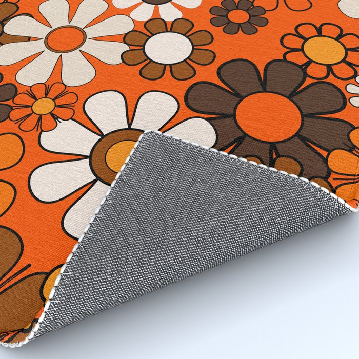 Retro 70s Floral Pattern Groovy Garden Flowers in Orange and Brown Rug Gallery Image 4