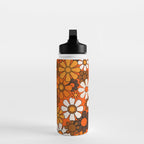 Retro 70s Floral Pattern Groovy Garden Flowers in Orange and Brown Water Bottle Gallery Image 3