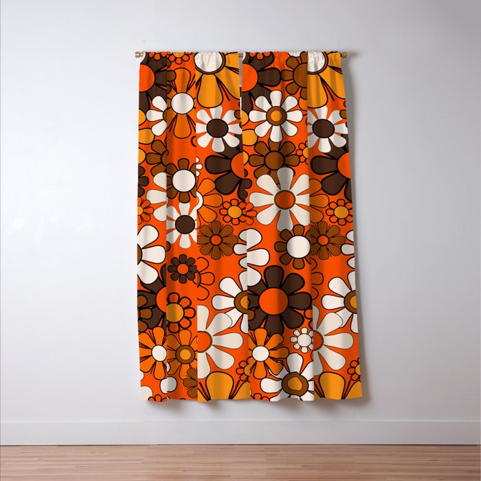 Retro 70s Floral Pattern Groovy Garden Flowers in Orange and Brown Window Curtain Gallery Image 3
