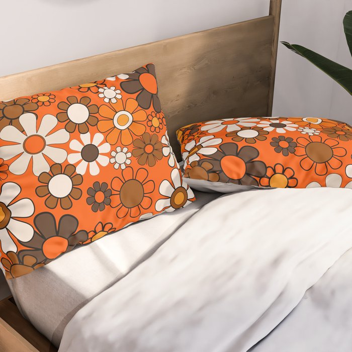 Retro 70s Floral Pattern Groovy Garden Flowers in Orange and Brown Pillow Sham Gallery Image 2
