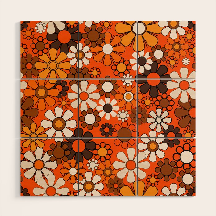 Retro 70s Floral Pattern Groovy Garden Flowers in Orange and Brown Wood Wall Art Gallery Image 1