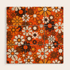 Retro 70s Floral Pattern Groovy Garden Flowers in Orange and Brown Wood Wall Art Gallery Image 1