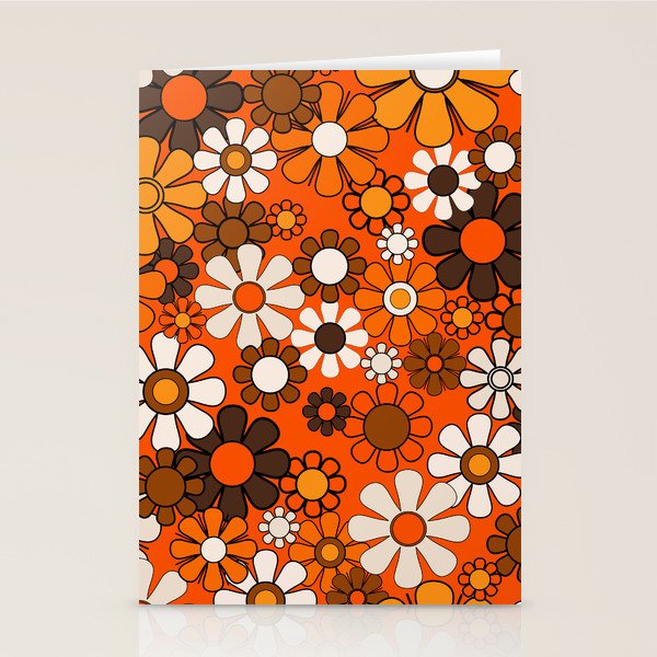 Retro 70s Floral Pattern Groovy Garden Flowers in Orange and Brown Stationery Card Gallery Image 2
