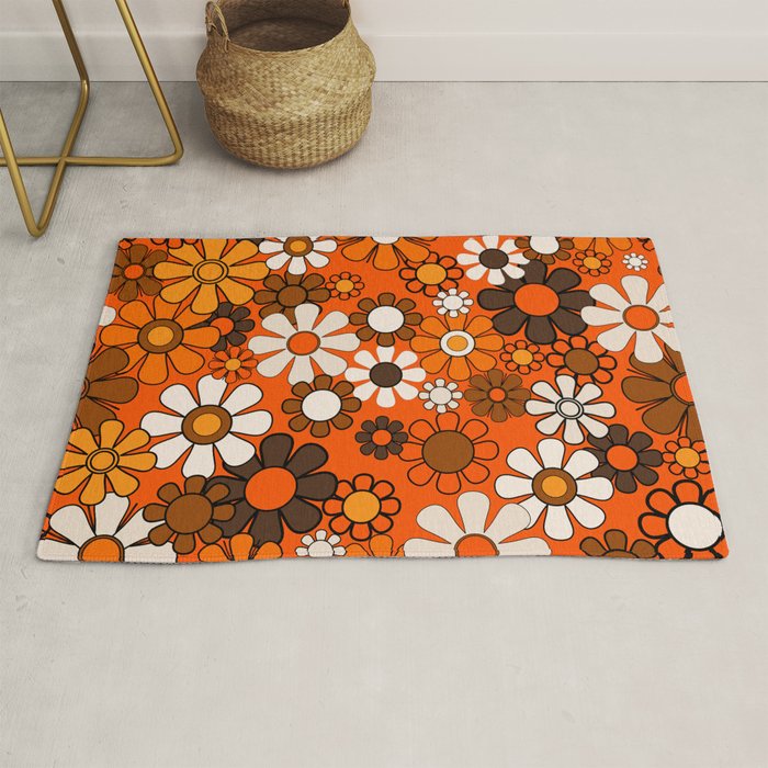 Retro 70s Floral Pattern Groovy Garden Flowers in Orange and Brown Rug Gallery Image 1