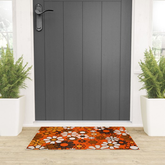Retro 70s Floral Pattern Groovy Garden Flowers in Orange and Brown Welcome Mat Gallery Image 3