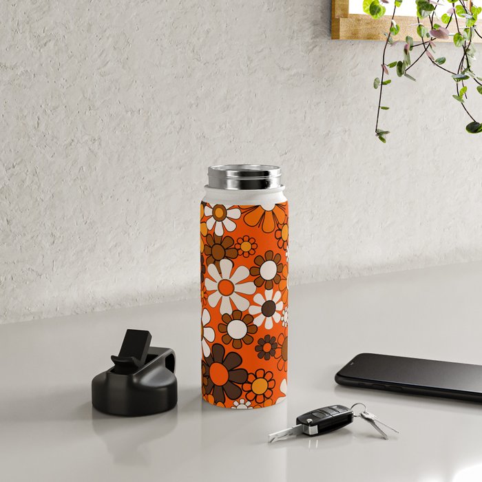 Retro 70s Floral Pattern Groovy Garden Flowers in Orange and Brown Water Bottle Gallery Image 4