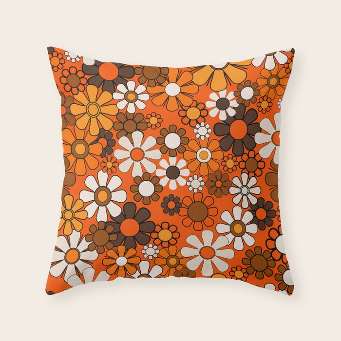 Retro 70s Floral Pattern Groovy Garden Flowers in Orange and Brown Throw Pillow Gallery Image 1