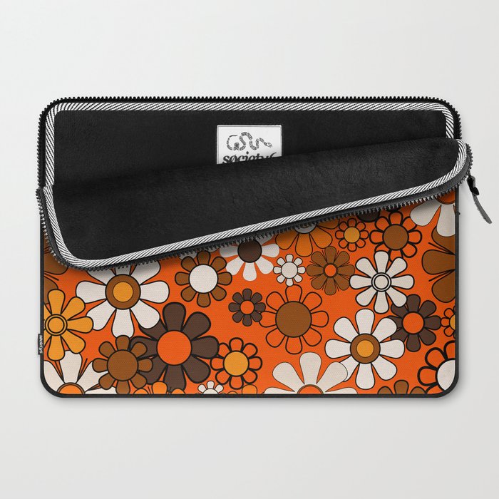 Retro 70s Floral Pattern Groovy Garden Flowers in Orange and Brown Laptop Sleeve Gallery Image 2