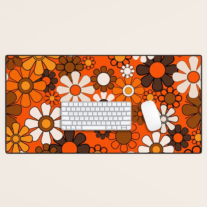 Retro 70s Floral Pattern Groovy Garden Flowers in Orange and Brown Desk Mat Gallery Image 1