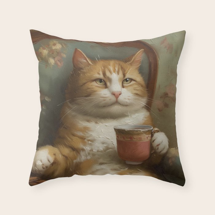 Tea Time Cat I Throw Pillow Gallery Image 1