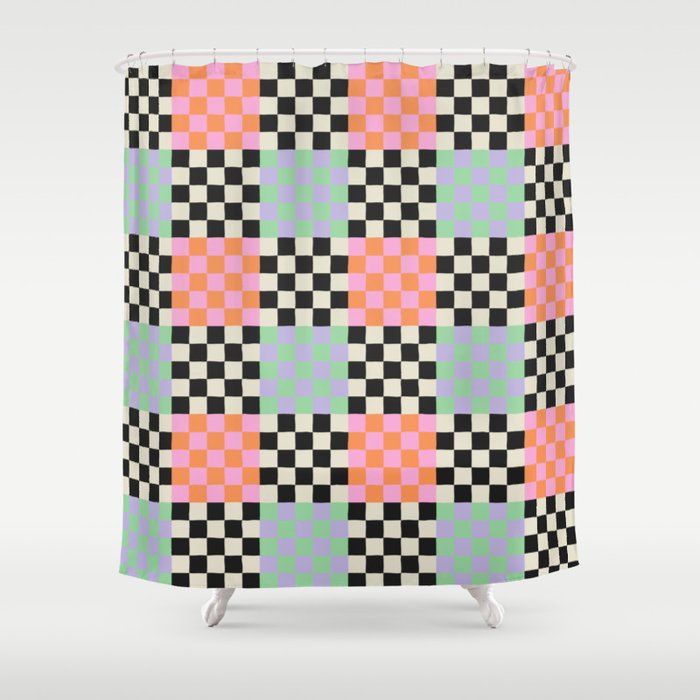 Colorful retro checkered patchwork pattern Shower Curtain Gallery Image 1