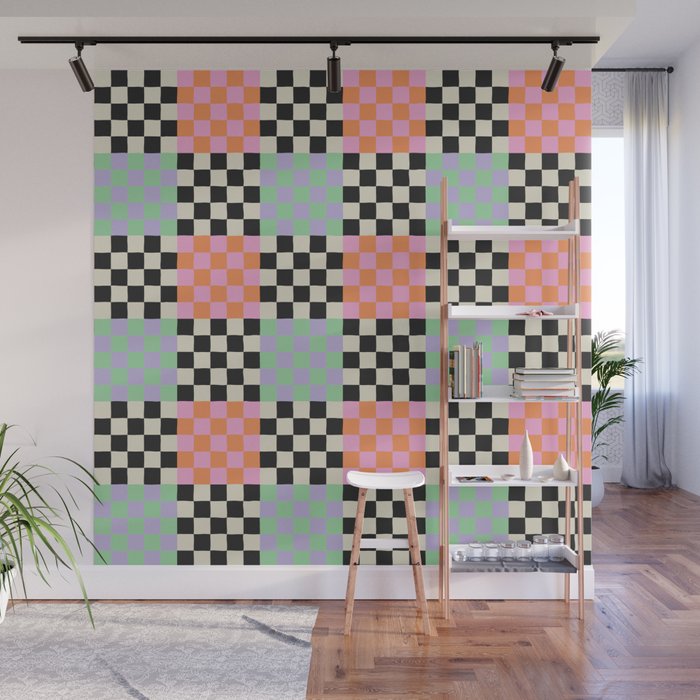 Colorful retro checkered patchwork pattern Wall Mural Gallery Image 1
