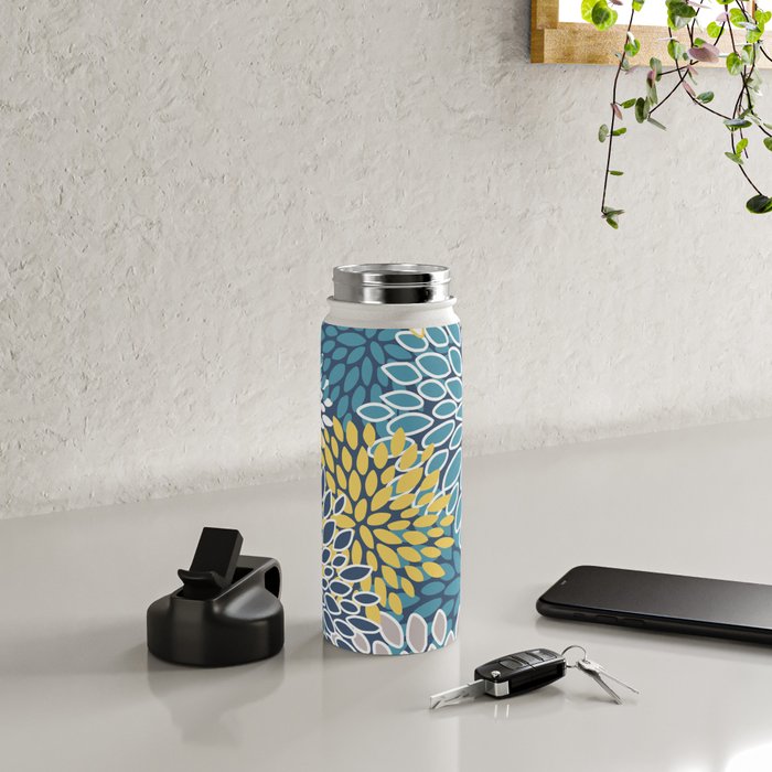 Modern, Floral Prints, Blue and Yellow Water Bottle Gallery Image 4