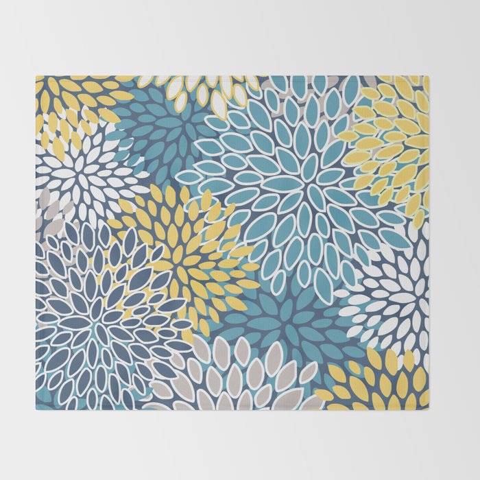 Modern, Floral Prints, Blue and Yellow Throw Blanket Gallery Image 2