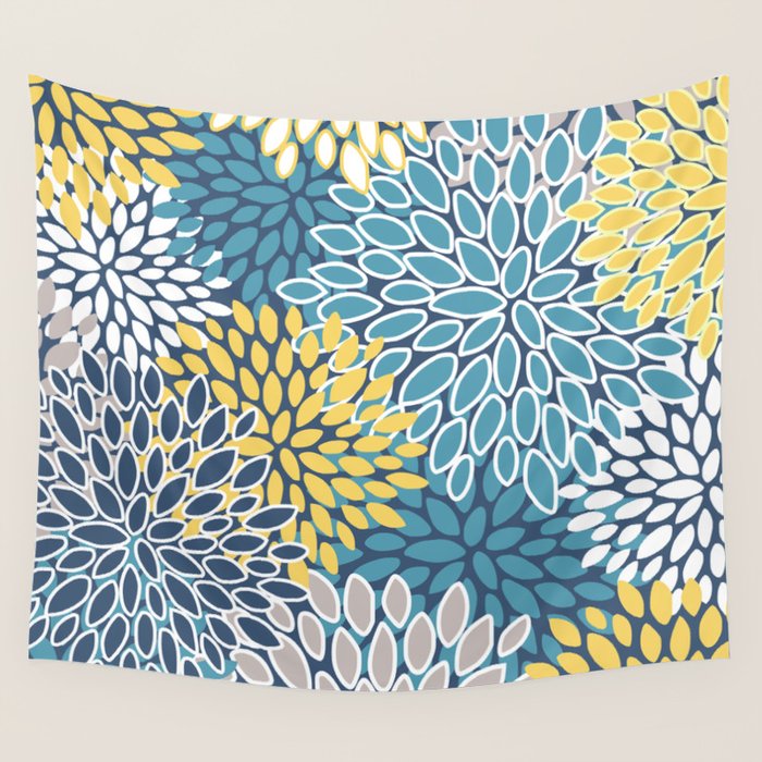 Modern, Floral Prints, Blue and Yellow Wall Tapestry Gallery Image 4