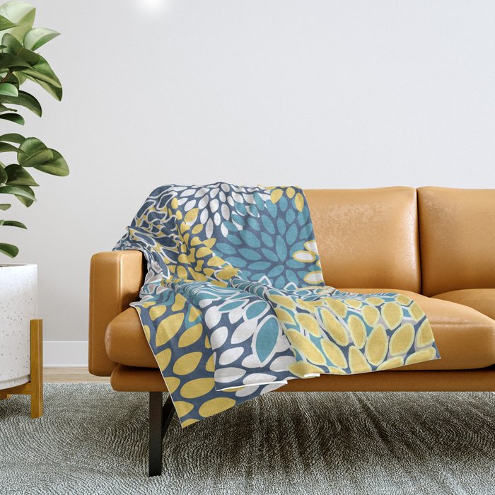 Modern, Floral Prints, Blue and Yellow Throw Blanket Gallery Image 1