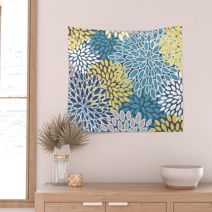 Modern, Floral Prints, Blue and Yellow Wall Tapestry Gallery Image 2