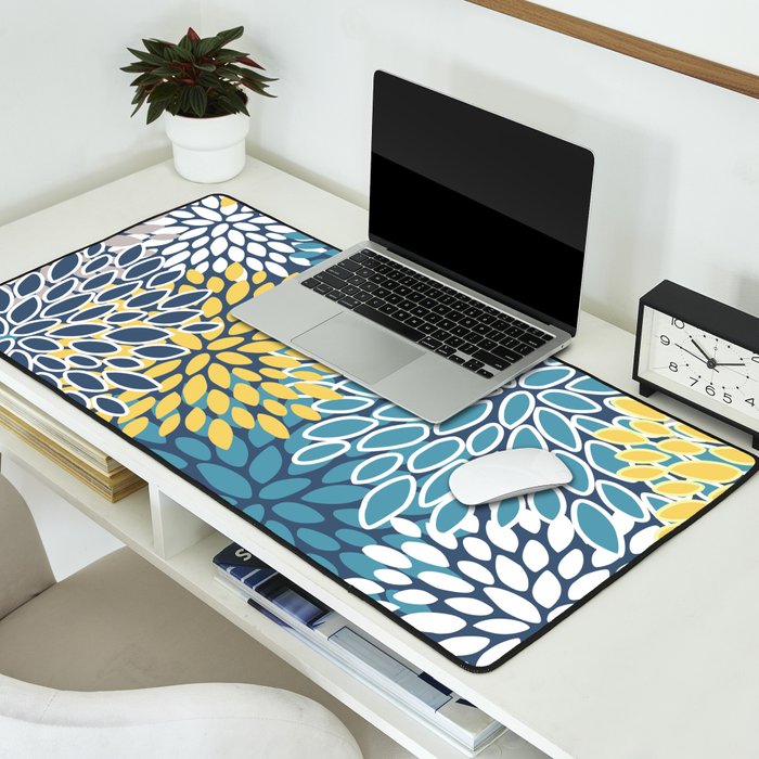 Modern, Floral Prints, Blue and Yellow Desk Mat Gallery Image 2