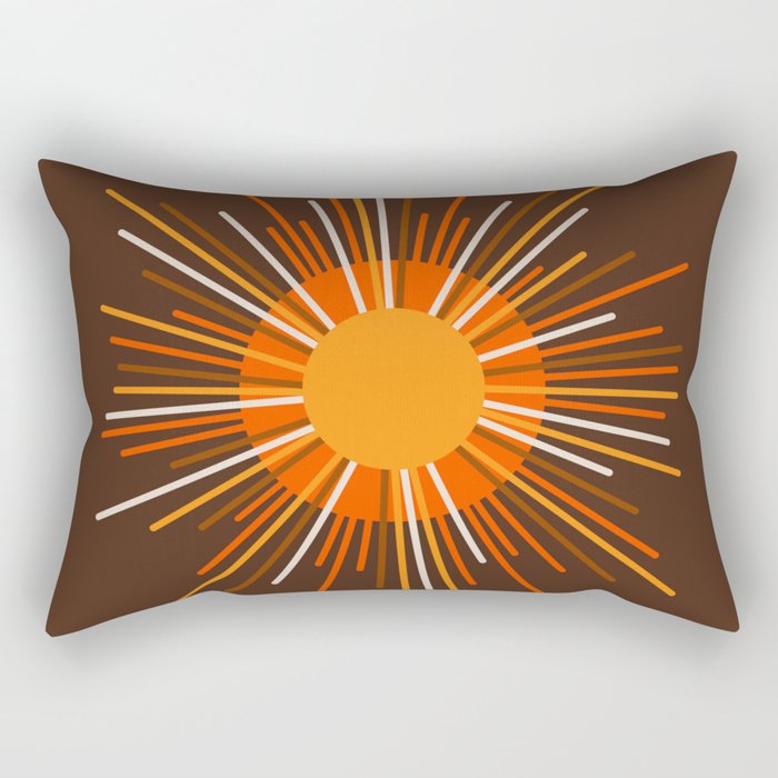 Retro Minimalist Sunburst Sun in 70s Brown and Orange Rectangular Pillow Gallery Image 1