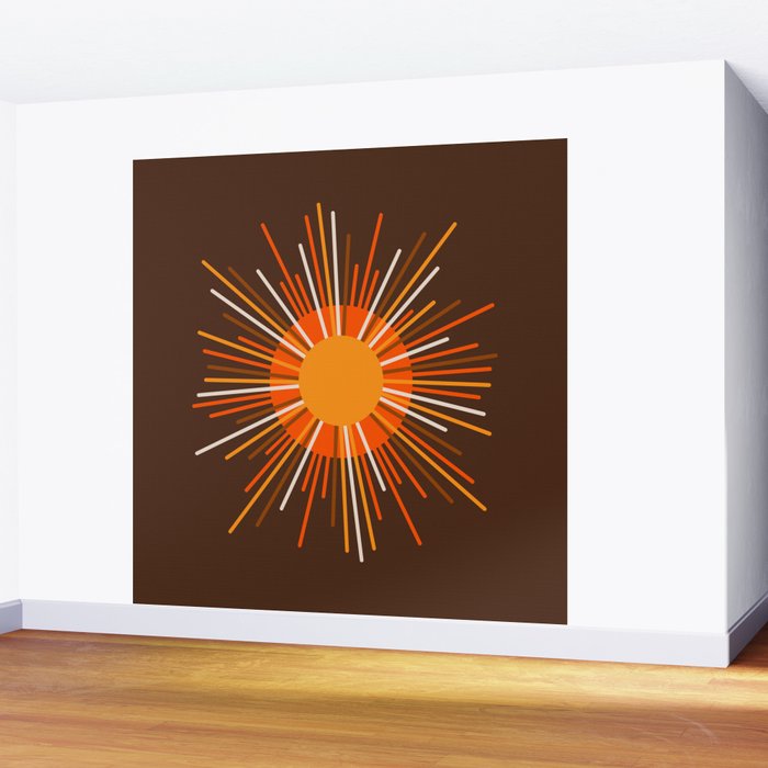 Retro Minimalist Sunburst Sun in 70s Brown and Orange Wall Mural Gallery Image 2