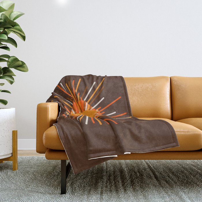 Retro Minimalist Sunburst Sun in 70s Brown and Orange Throw Blanket Gallery Image 1