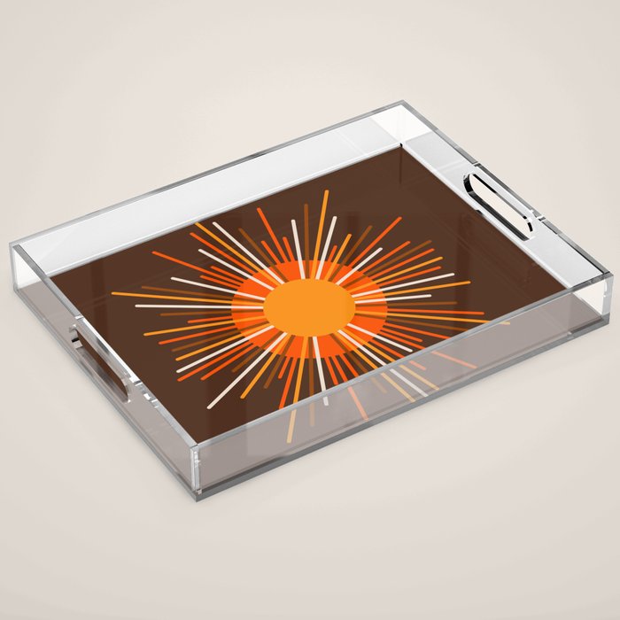 Retro Minimalist Sunburst Sun in 70s Brown and Orange Acrylic Tray Gallery Image 1