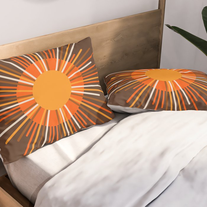 Retro Minimalist Sunburst Sun in 70s Brown and Orange Pillow Sham Gallery Image 2