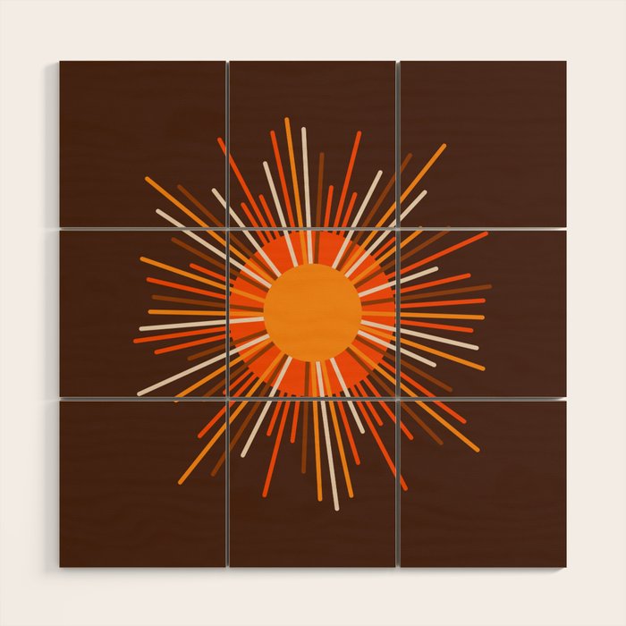 Retro Minimalist Sunburst Sun in 70s Brown and Orange Wood Wall Art Gallery Image 1