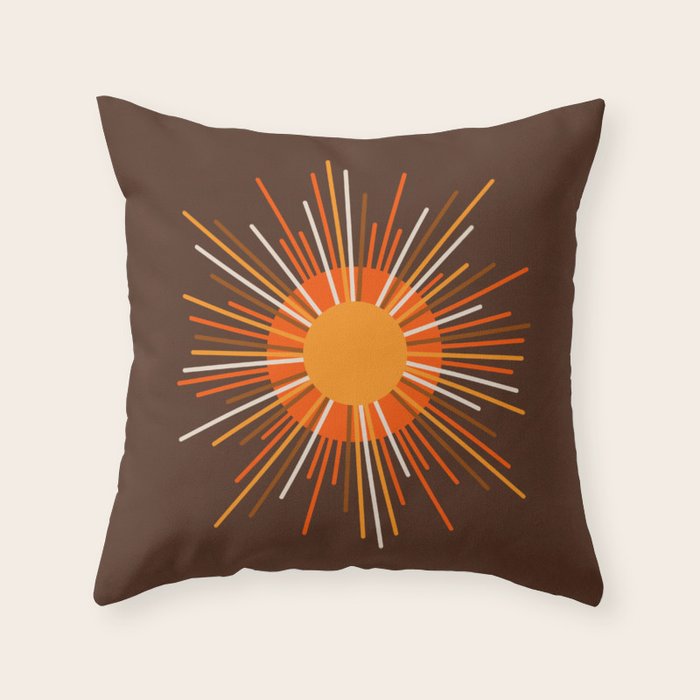 Retro Minimalist Sunburst Sun in 70s Brown and Orange Throw Pillow Gallery Image 1