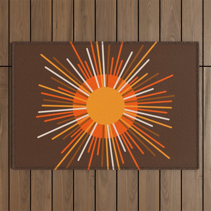 Retro Minimalist Sunburst Sun in 70s Brown and Orange Outdoor Rug Gallery Image 1