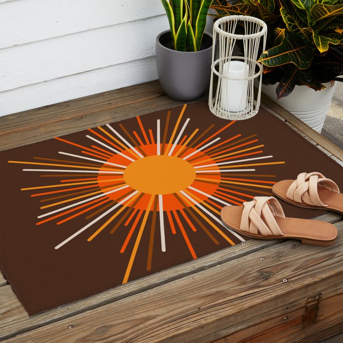 Retro Minimalist Sunburst Sun in 70s Brown and Orange Outdoor Rug Gallery Image 2