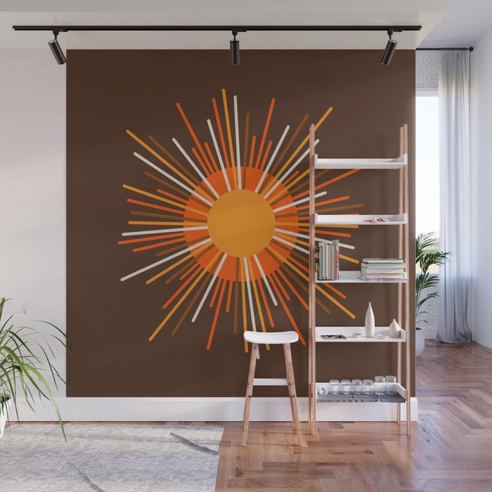 Retro Minimalist Sunburst Sun in 70s Brown and Orange Wall Mural Gallery Image 1