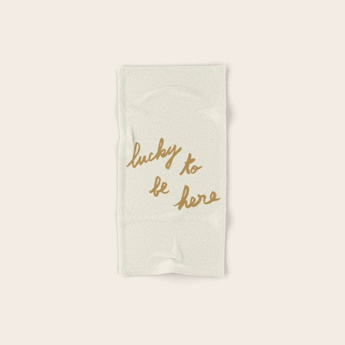 Lucky To Be Here - Brush Script Typography Quote - Gold Bath Towel Gallery Image 1