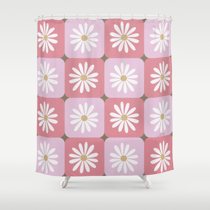 Checkered Daisies - Blush & Gold Shower Curtain Gallery Image 1