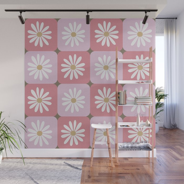 Checkered Daisies - Blush & Gold Wall Mural Gallery Image 1