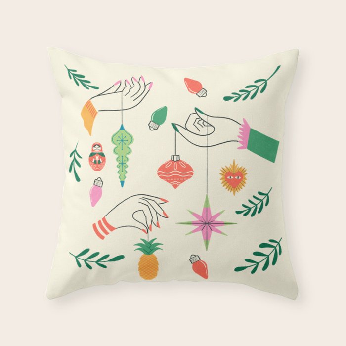 Tree Trimming Hands and Retro Ornaments Throw Pillow Gallery Image 6