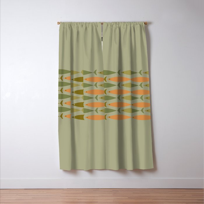 Fish Stripe 8 Mid Century Modern Minimal Pattern in Vintage Olive Green and Cantaloupe Orange Window Curtain Gallery Image 3