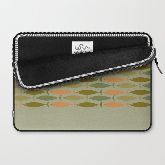 Fish Stripe 8 Mid Century Modern Minimal Pattern in Vintage Olive Green and Cantaloupe Orange Laptop Sleeve Gallery Image 2