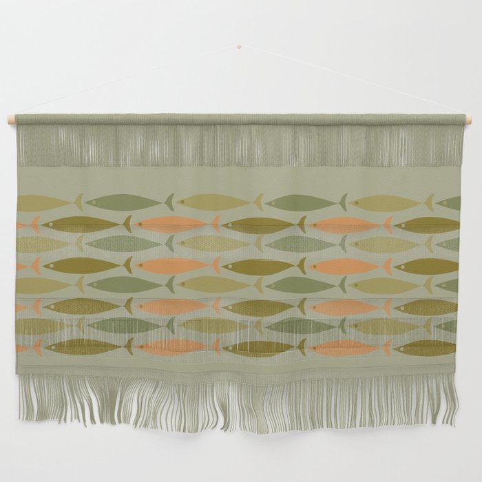 Fish Stripe 8 Mid Century Modern Minimal Pattern in Vintage Olive Green and Cantaloupe Orange Wall Hanging Gallery Image 1